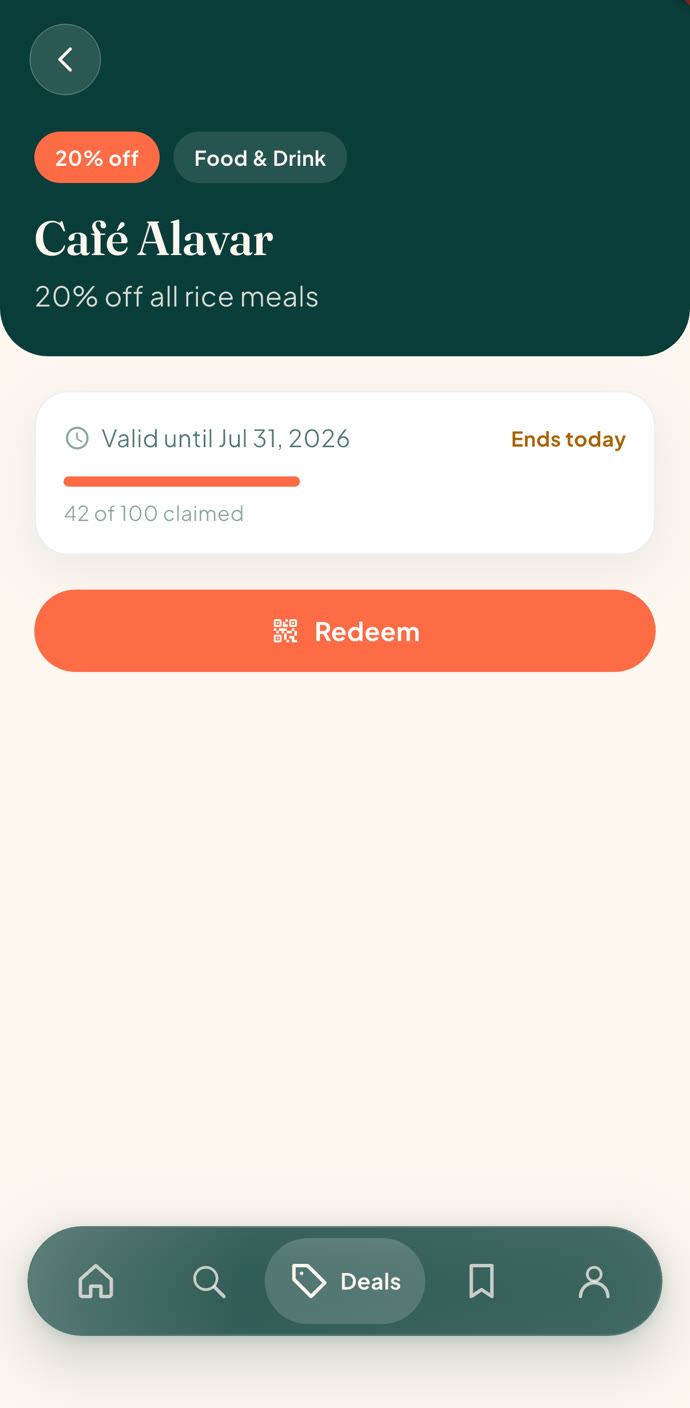 Conose deal detail with validity, claims progress, and a redeem button