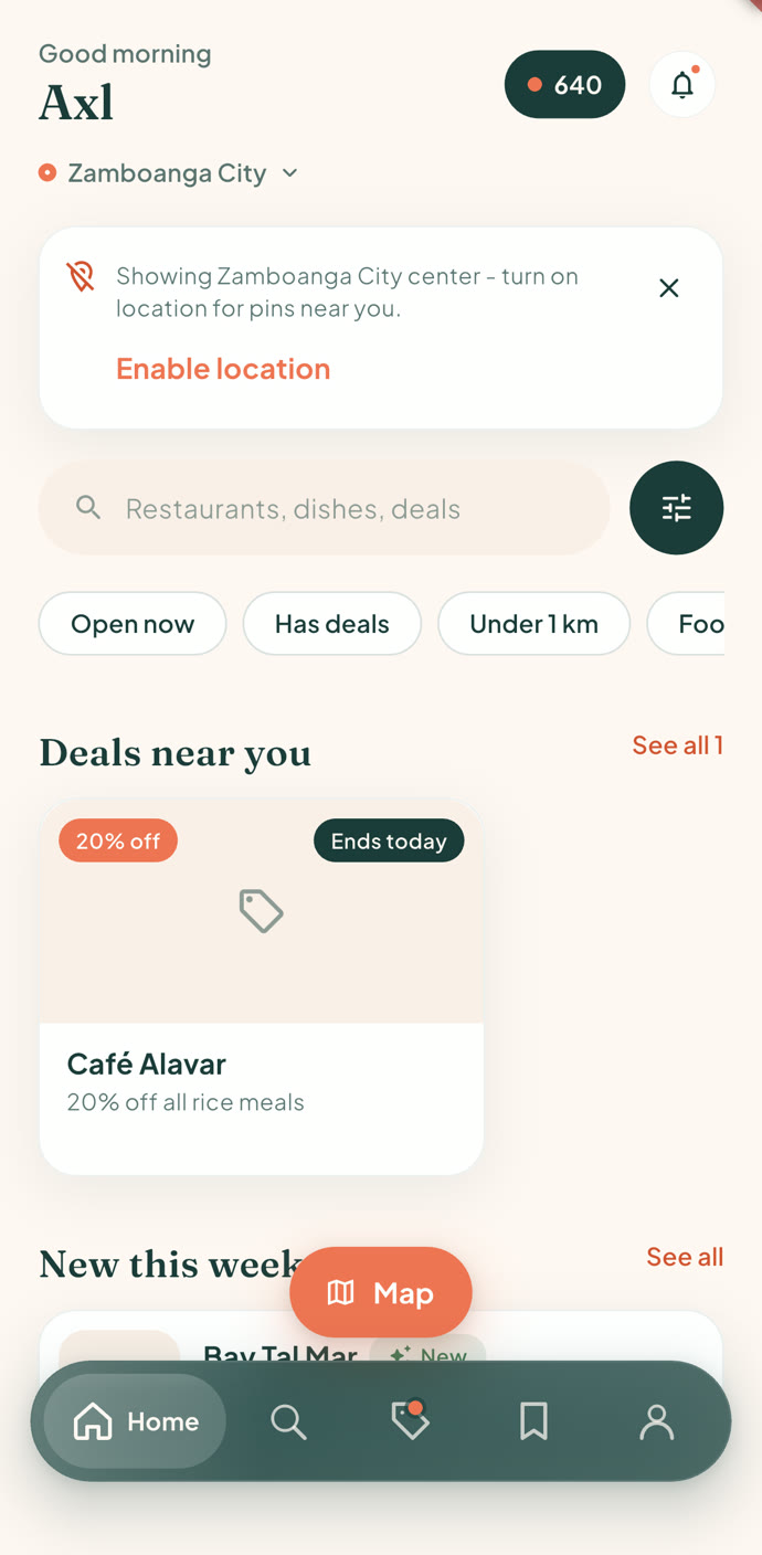 Conose home feed with the Bloom balance, quick filters, and deals near you