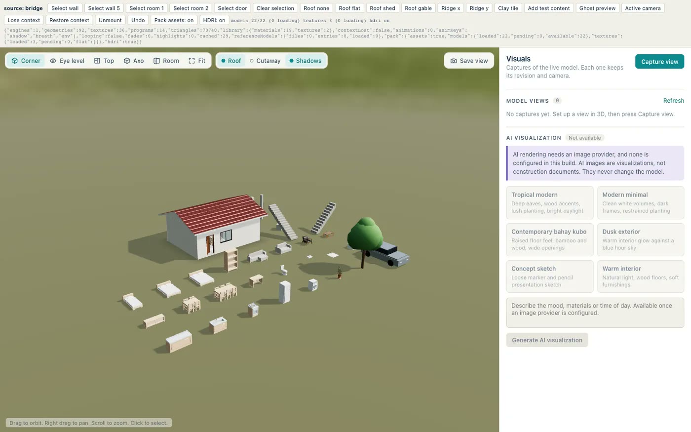 The 3D view: a bungalow with a long-span roof under an HDRI sky