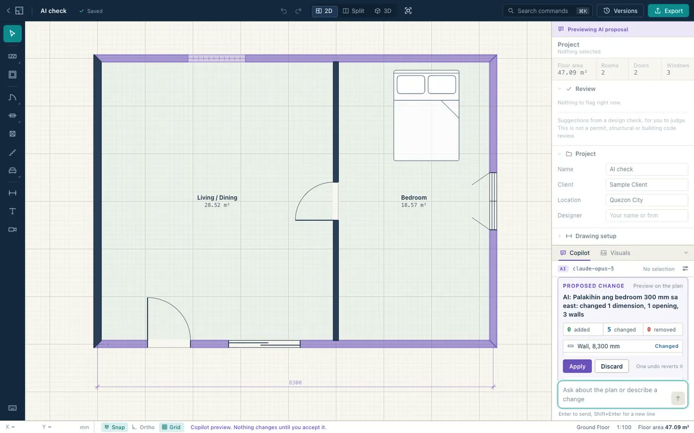 An AI proposal shown as a purple ghost over the plan, with Apply and Discard