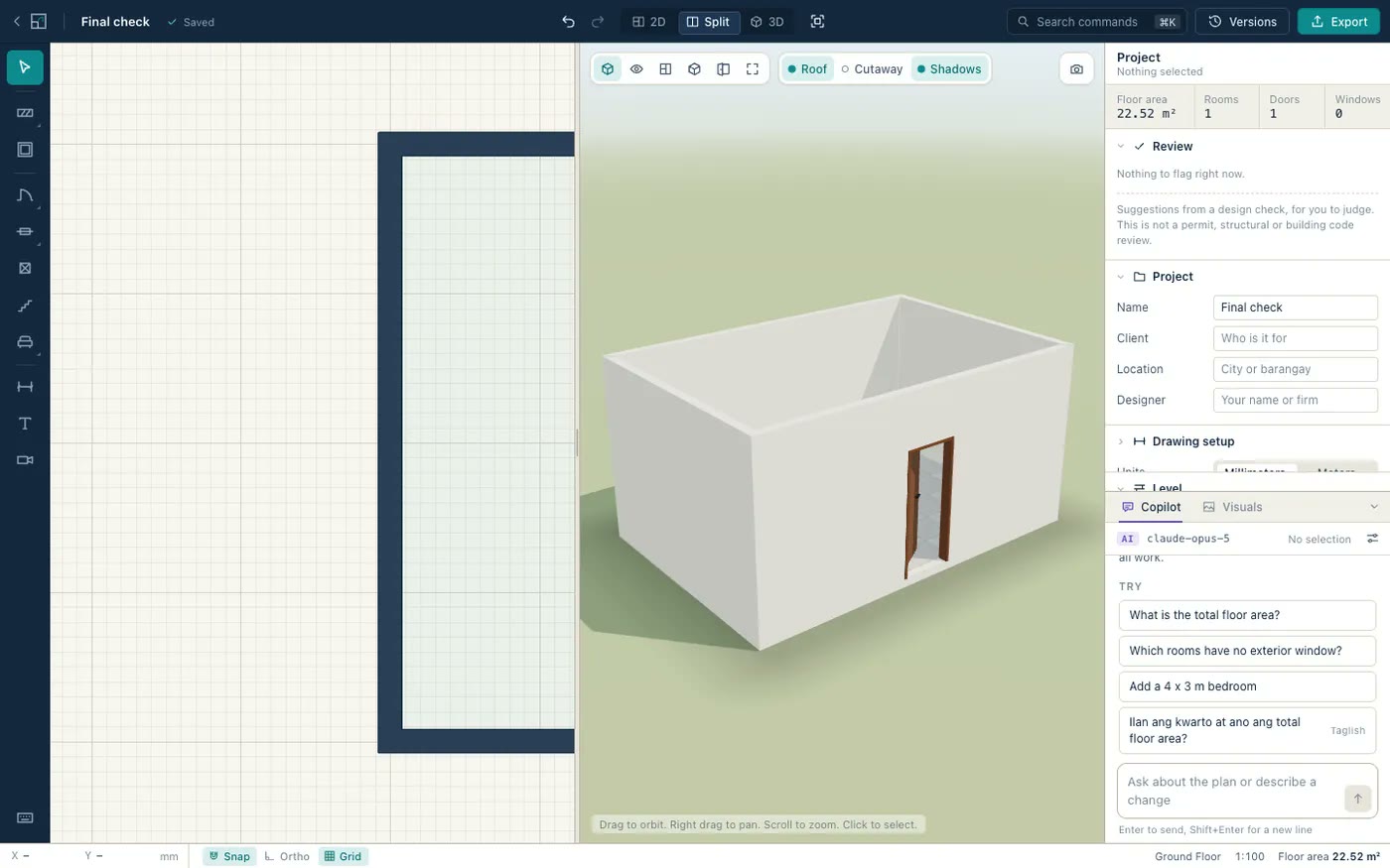 The Guhit Studio editor: 2D plan on the left, live 3D on the right, inspector and copilot on the right side