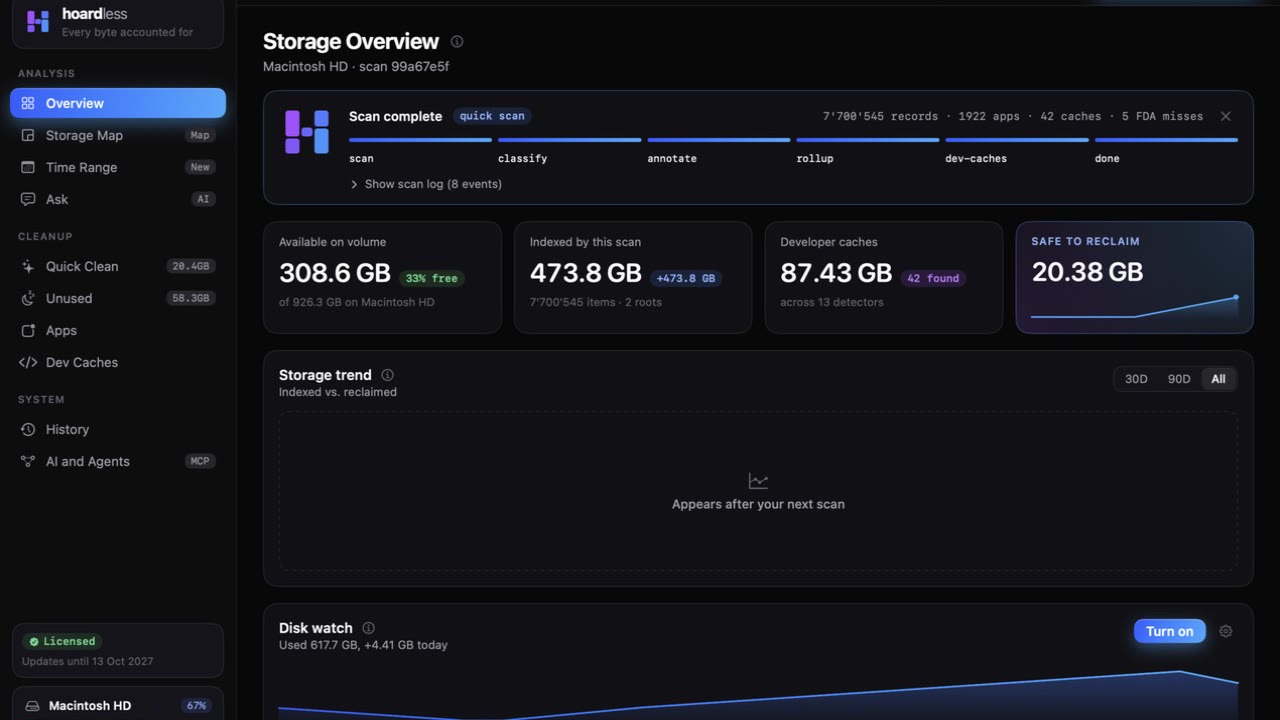 Hoardless storage overview showing indexed space, developer caches and what is safe to reclaim
