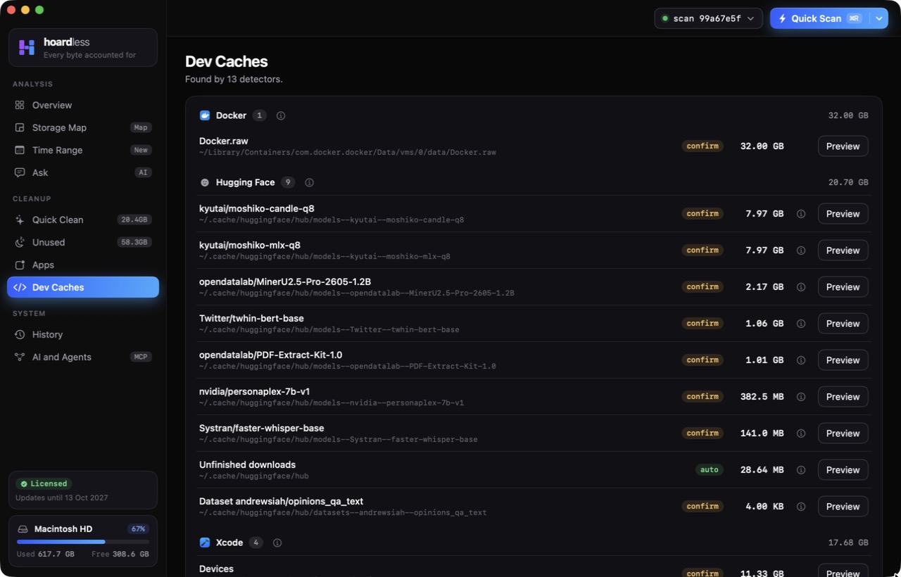 Dev caches found by thirteen detectors, each row showing its path, size and safety tier