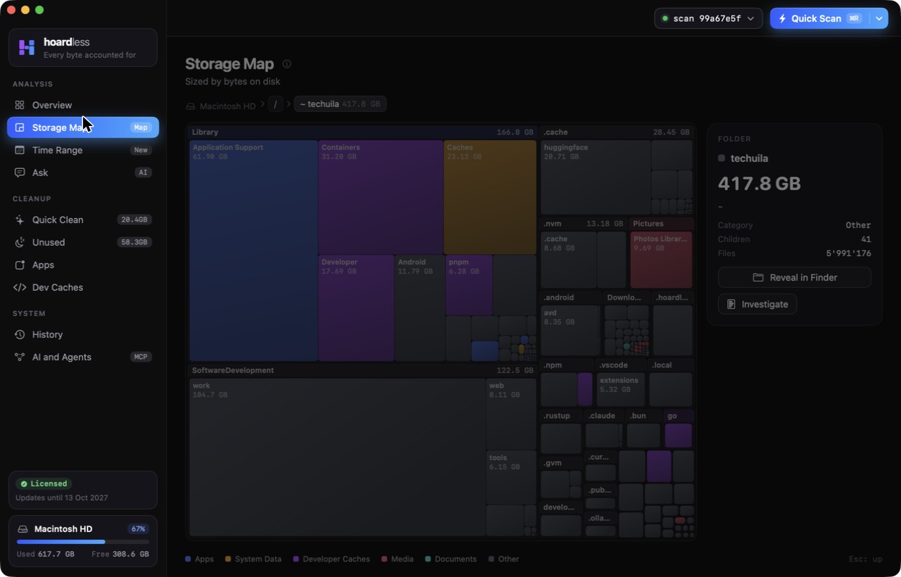 The Hoardless storage map, a treemap of a home folder sized by bytes on disk