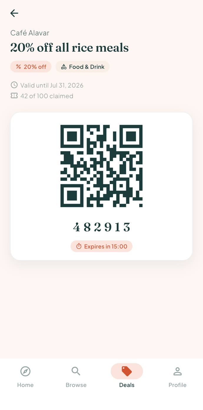Conose deal redemption screen with a QR code and timer