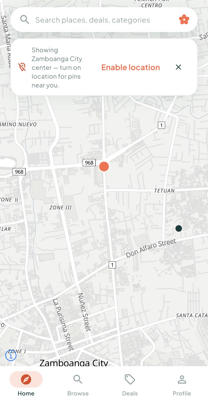 Conose home screen showing the live map of Zamboanga City
