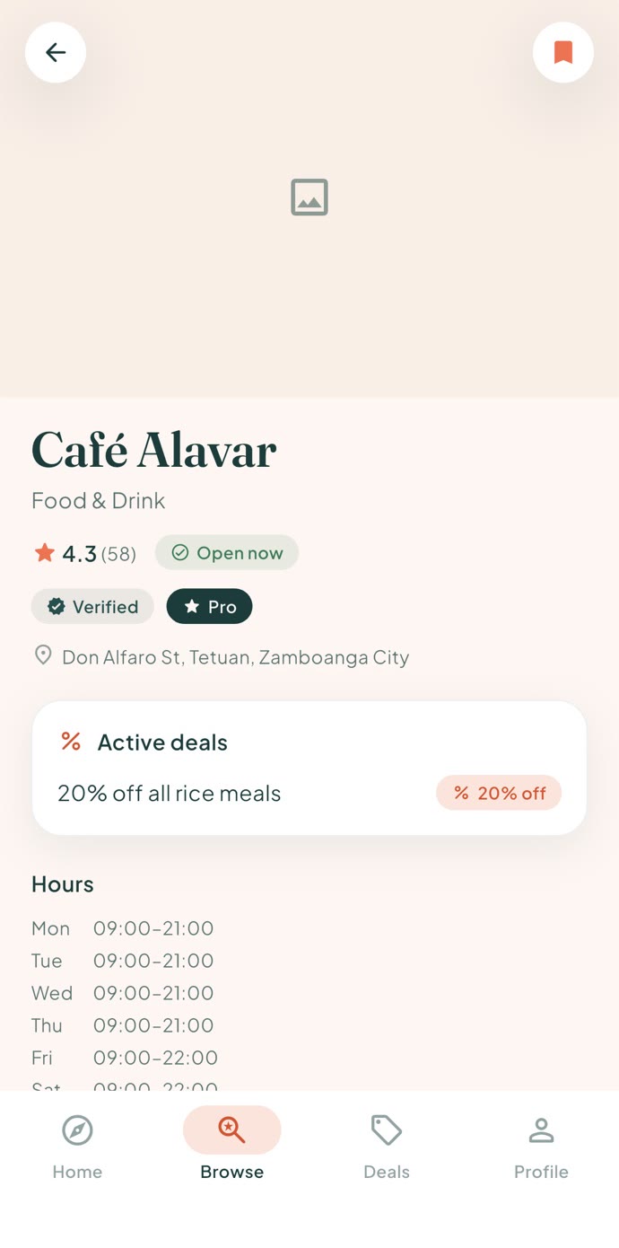 Conose listing detail with rating, verified badge, active deals and hours